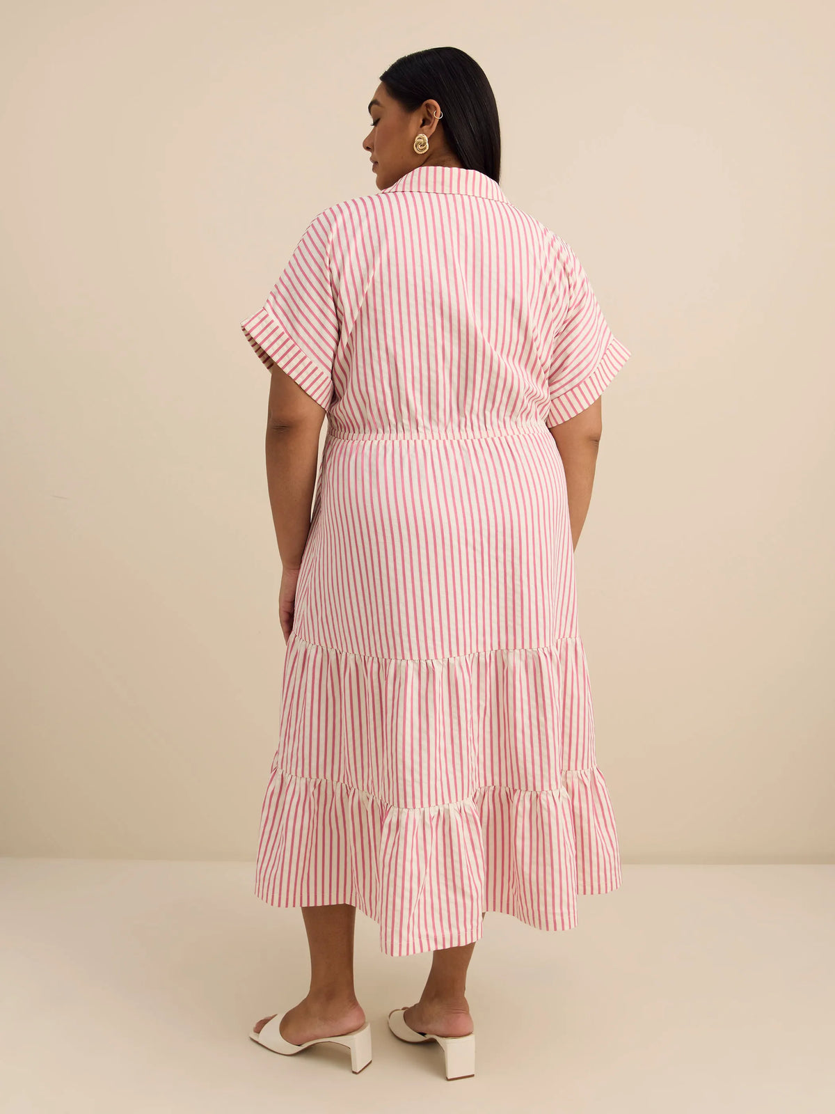 Pink Midi Tiered Utility Shirt Dress – Women's Casual Button-Down Dress
